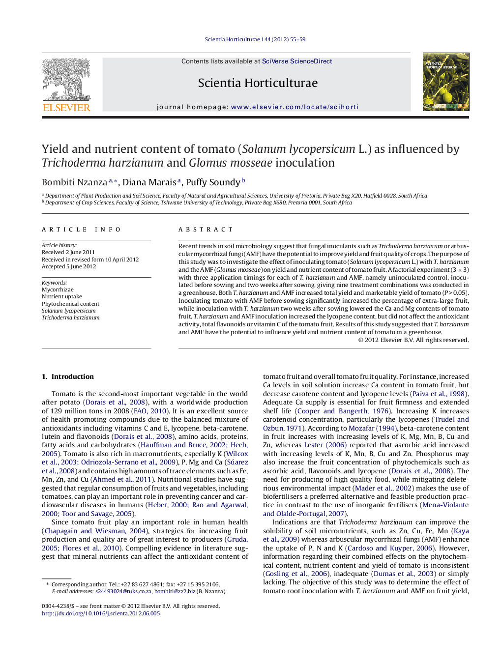 Yield and nutrient content of tomato (Solanum lycopersicum L.) as influenced by Trichoderma harzianum and Glomus mosseae inoculation