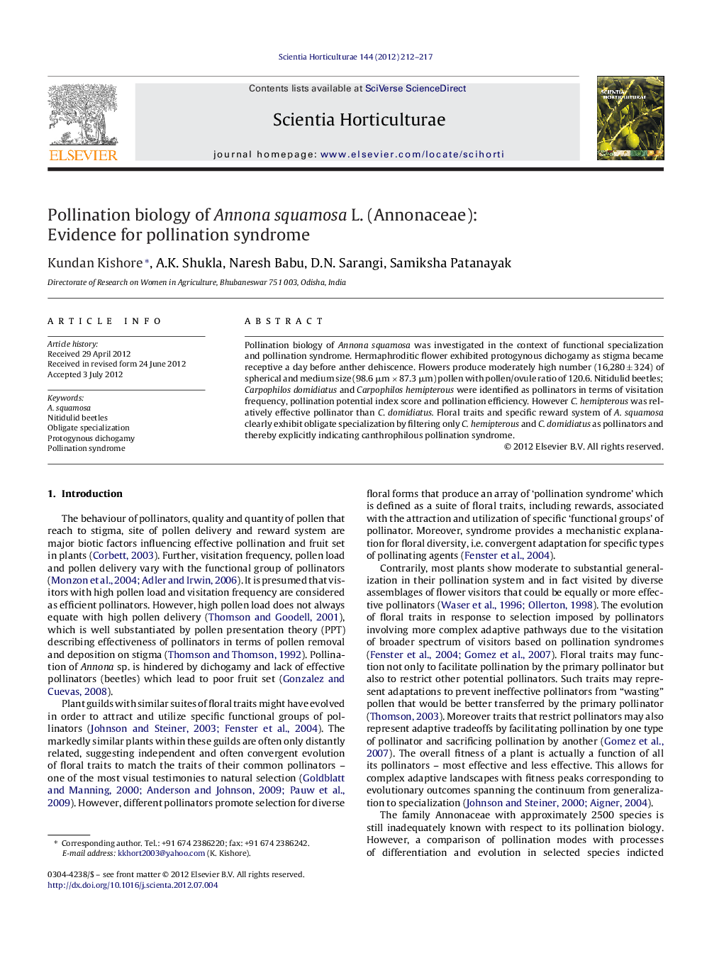 Pollination biology of Annona squamosa L. (Annonaceae): Evidence for pollination syndrome