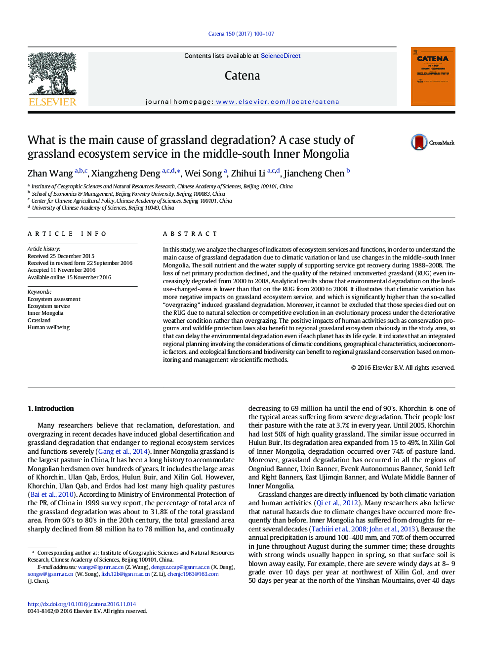 What is the main cause of grassland degradation? A case study of grassland ecosystem service in the middle-south Inner Mongolia