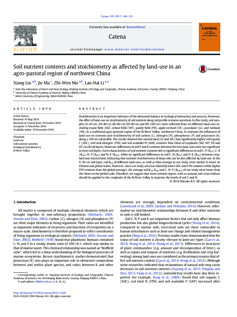 Soil nutrient contents and stoichiometry as affected by land-use in an agro-pastoral region of northwest China