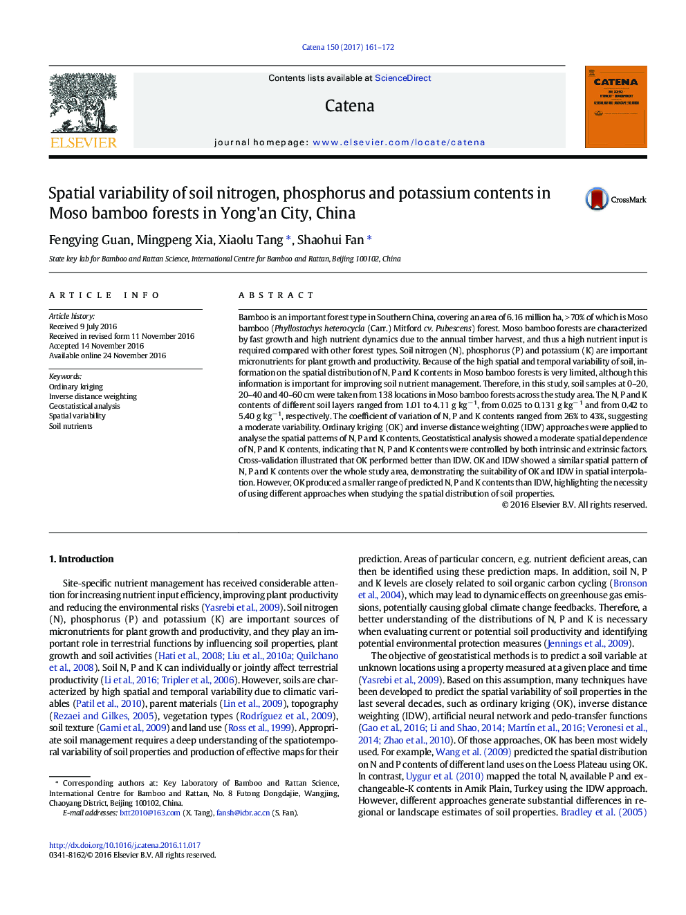 Spatial variability of soil nitrogen, phosphorus and potassium contents in Moso bamboo forests in Yong'an City, China