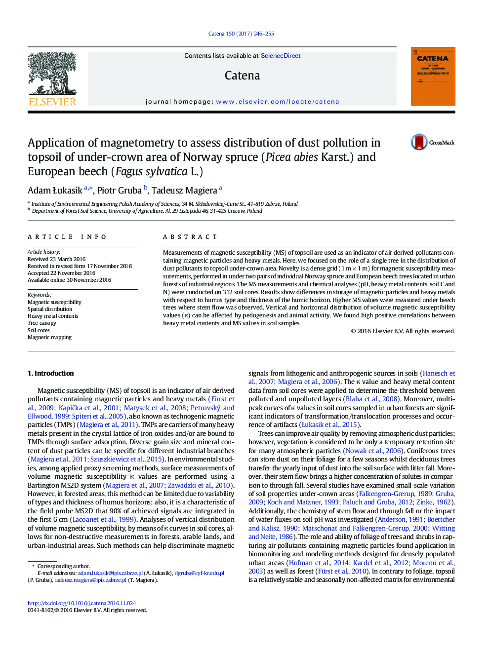 Application of magnetometry to assess distribution of dust pollution in topsoil of under-crown area of Norway spruce (Picea abies Karst.) and European beech (Fagus sylvatica L.)