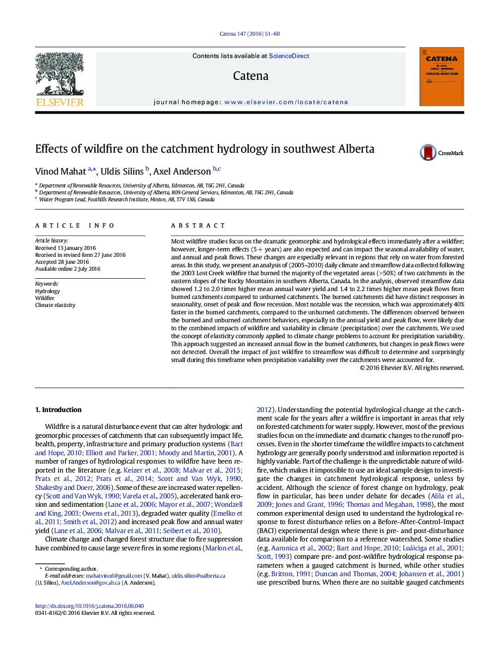 Effects of wildfire on the catchment hydrology in southwest Alberta