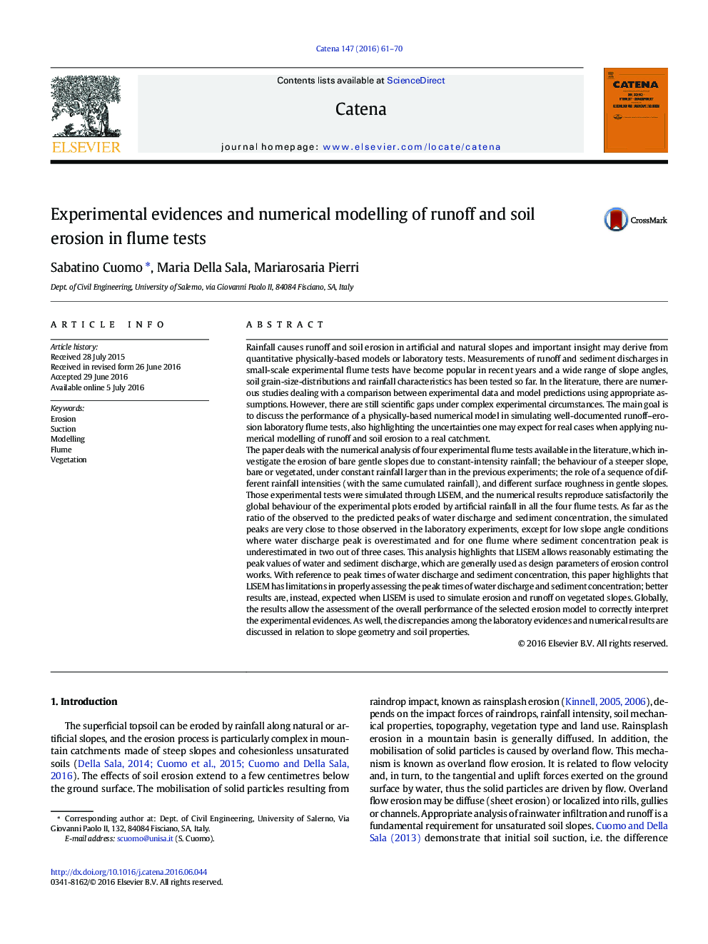 Experimental evidences and numerical modelling of runoff and soil erosion in flume tests