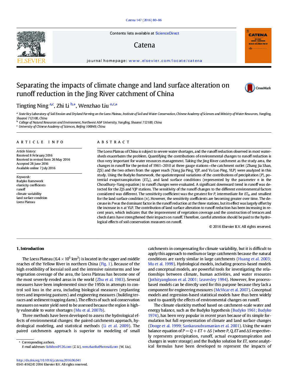 Separating the impacts of climate change and land surface alteration on runoff reduction in the Jing River catchment of China