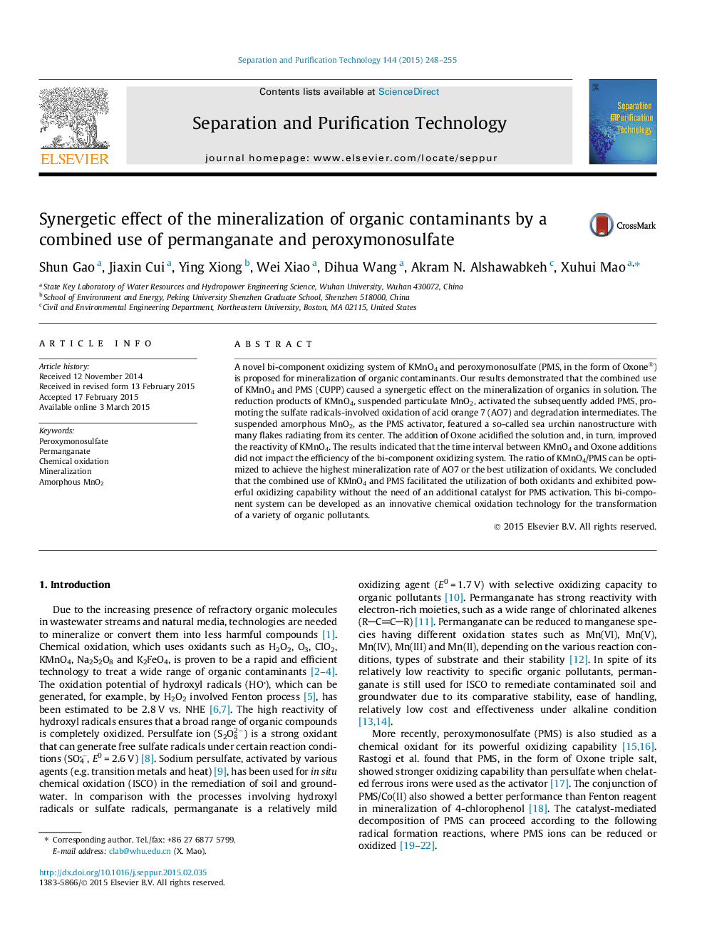 Synergetic effect of the mineralization of organic contaminants by a combined use of permanganate and peroxymonosulfate