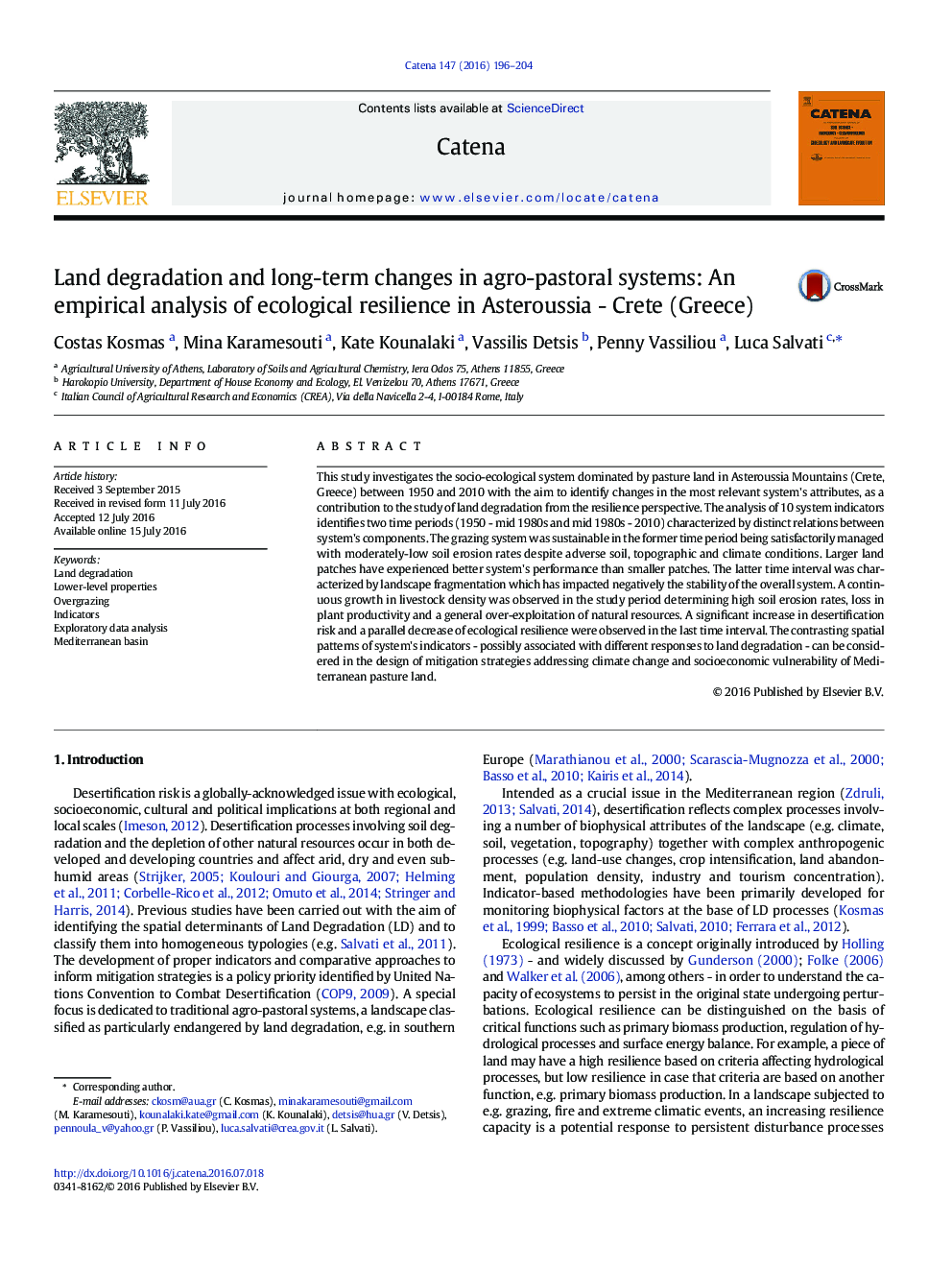 Land degradation and long-term changes in agro-pastoral systems: An empirical analysis of ecological resilience in Asteroussia - Crete (Greece)