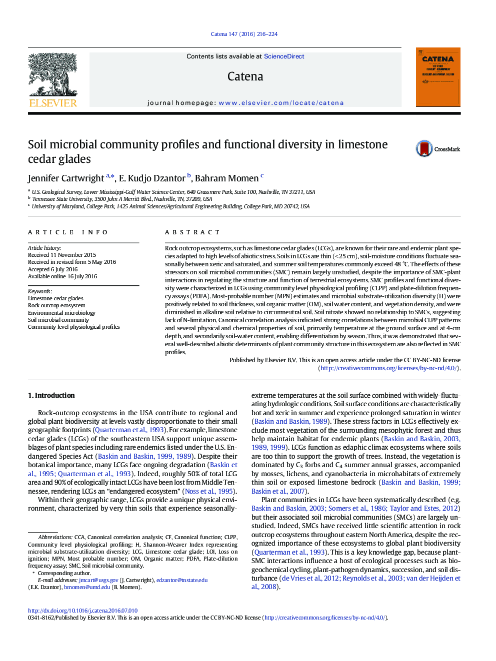 Soil microbial community profiles and functional diversity in limestone cedar glades