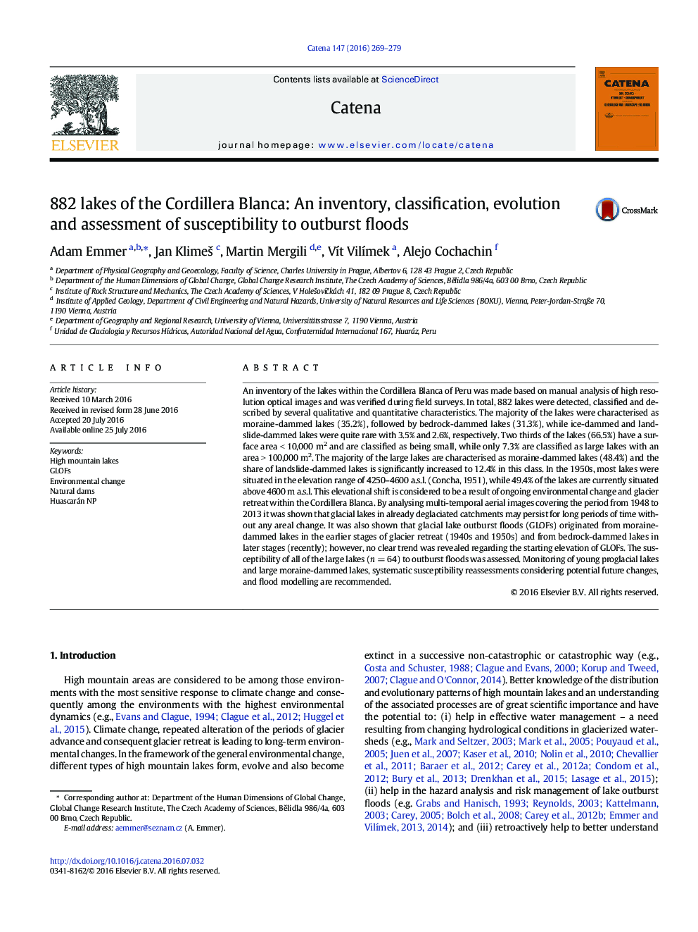 882 lakes of the Cordillera Blanca: An inventory, classification, evolution and assessment of susceptibility to outburst floods