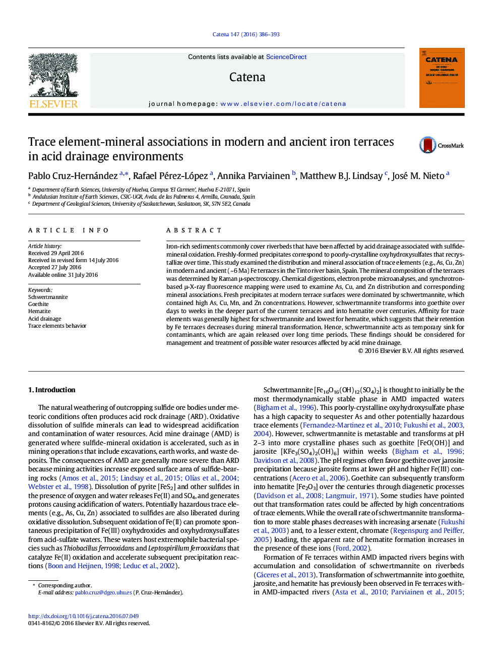 Trace element-mineral associations in modern and ancient iron terraces in acid drainage environments