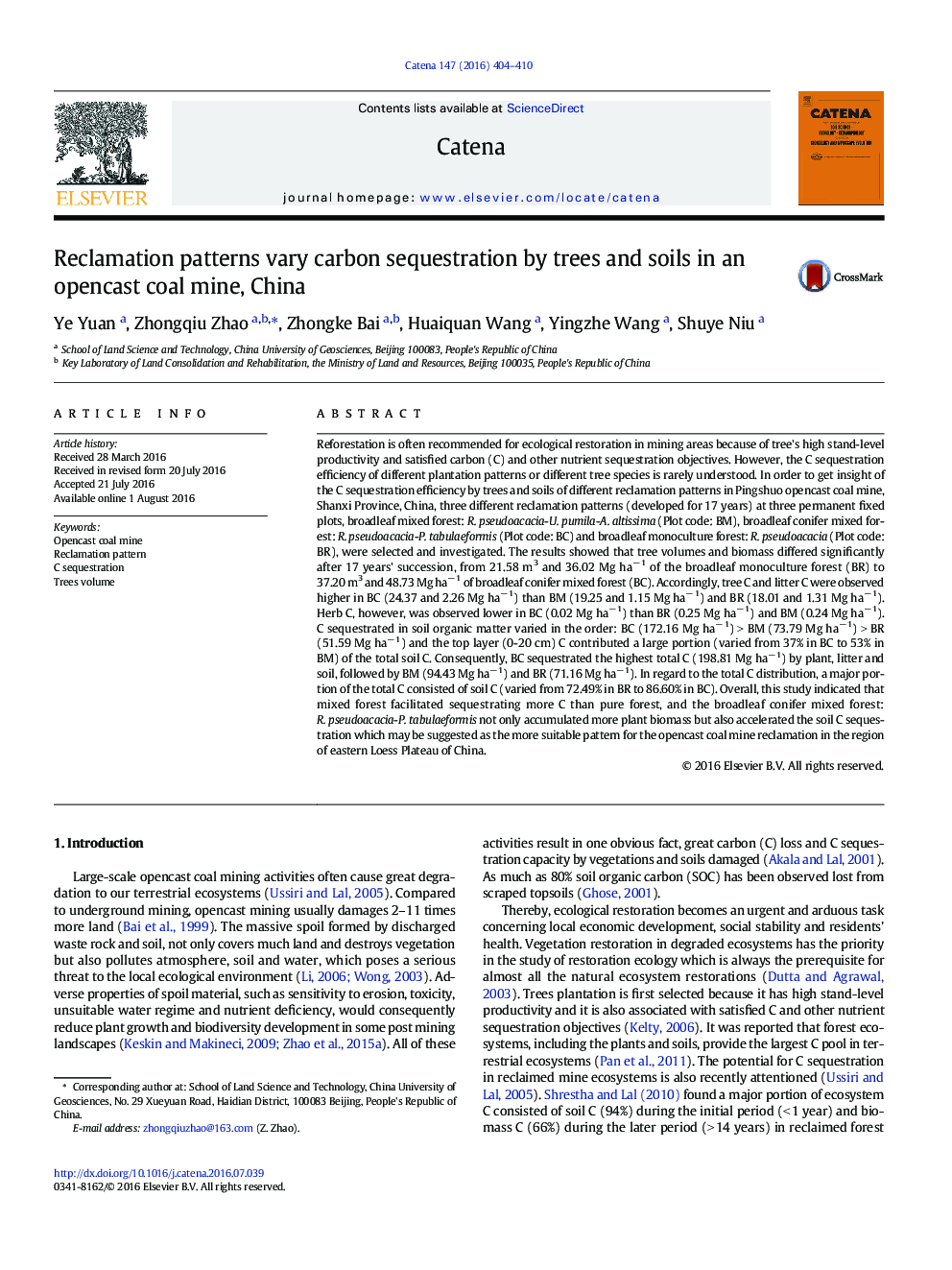 Reclamation patterns vary carbon sequestration by trees and soils in an opencast coal mine, China