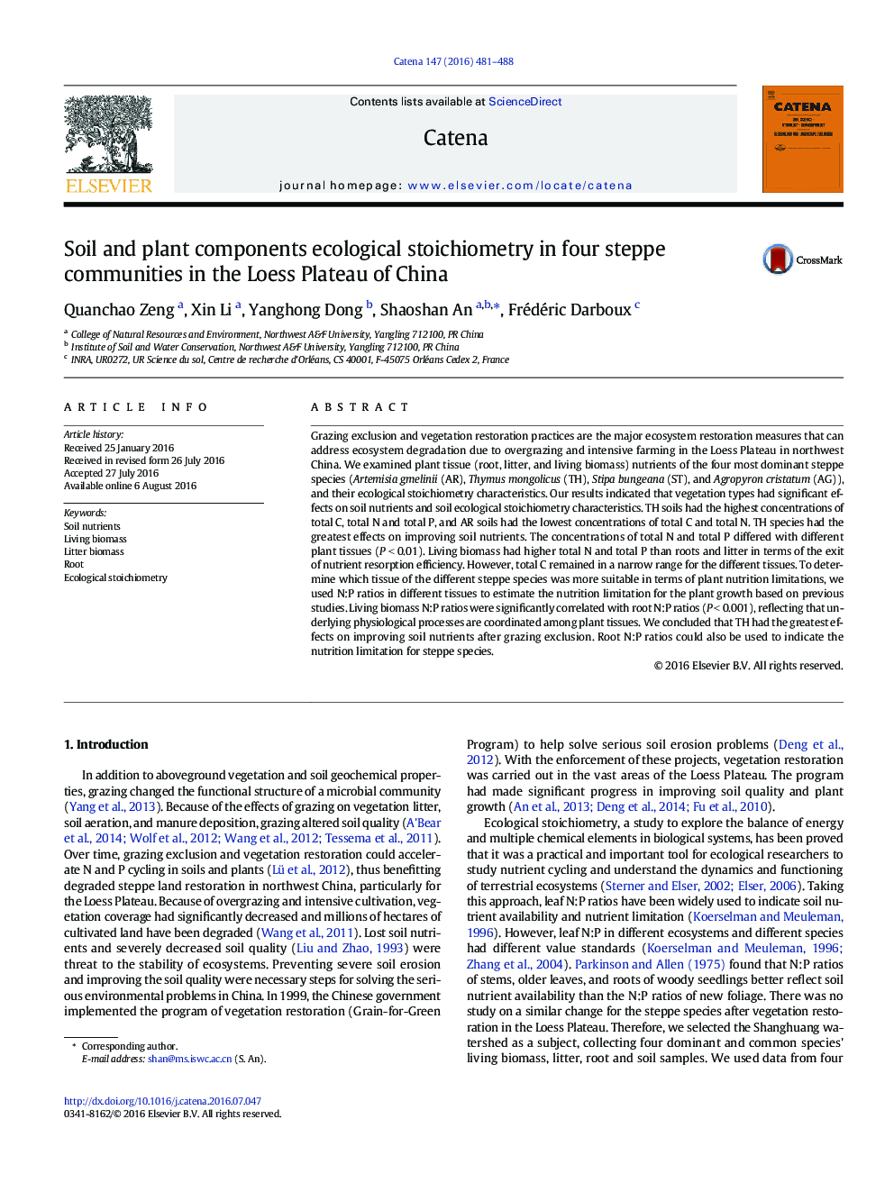 Soil and plant components ecological stoichiometry in four steppe communities in the Loess Plateau of China