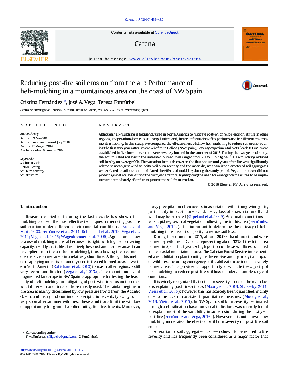 Reducing post-fire soil erosion from the air: Performance of heli-mulching in a mountainous area on the coast of NW Spain