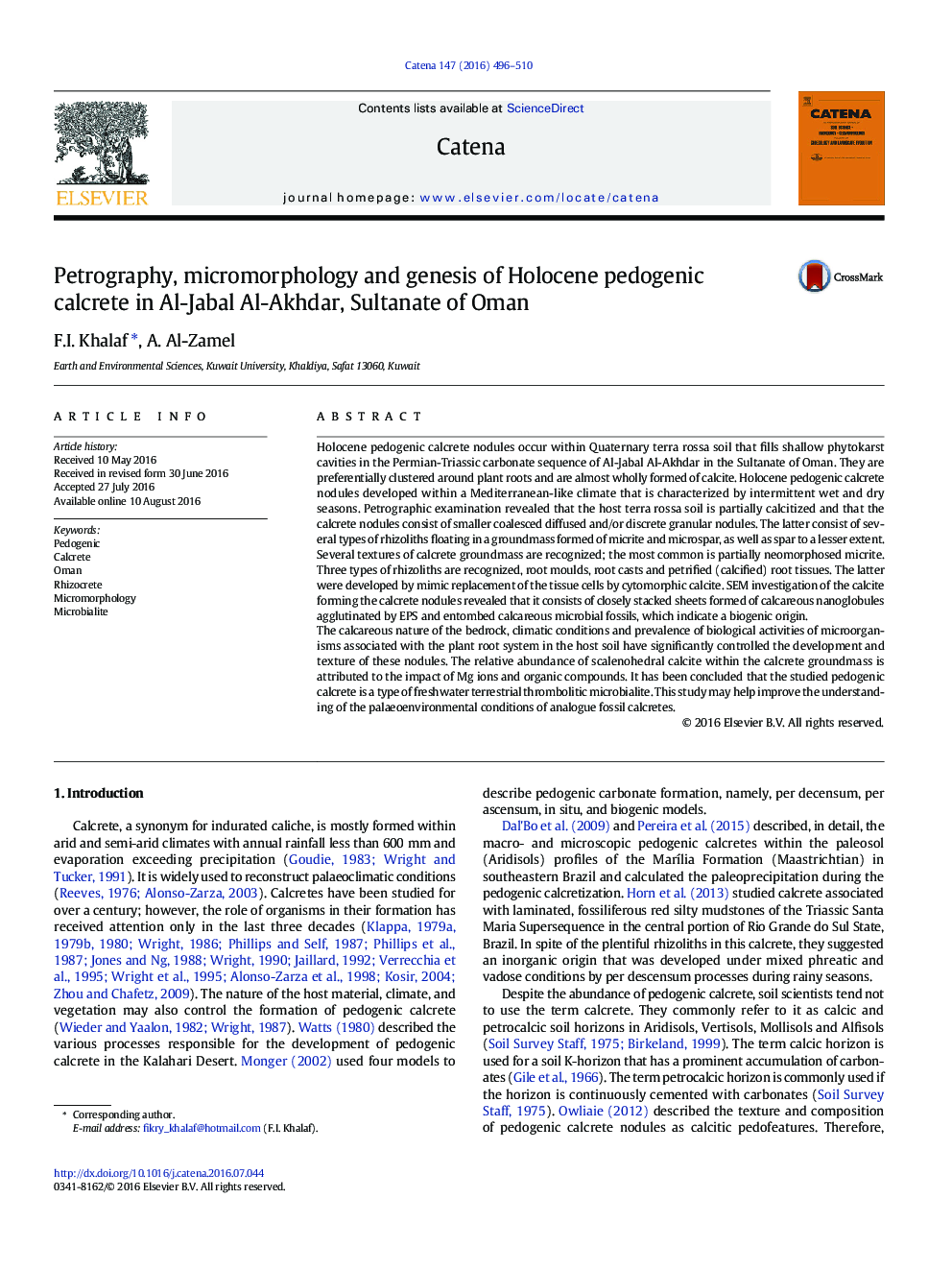 Petrography, micromorphology and genesis of Holocene pedogenic calcrete in Al-Jabal Al-Akhdar, Sultanate of Oman
