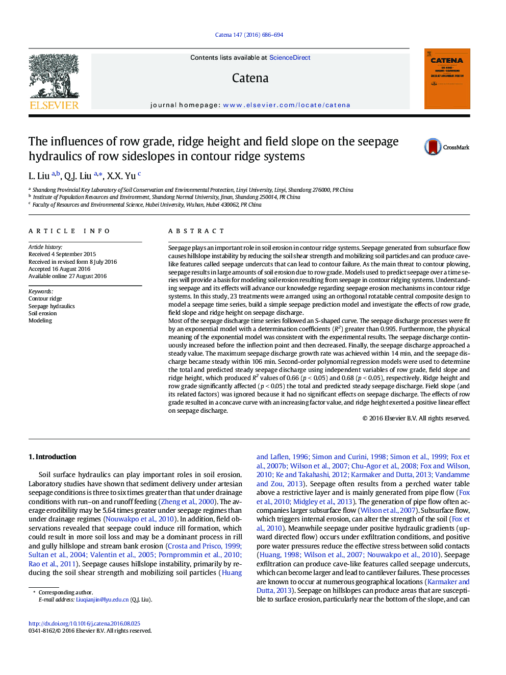 The influences of row grade, ridge height and field slope on the seepage hydraulics of row sideslopes in contour ridge systems