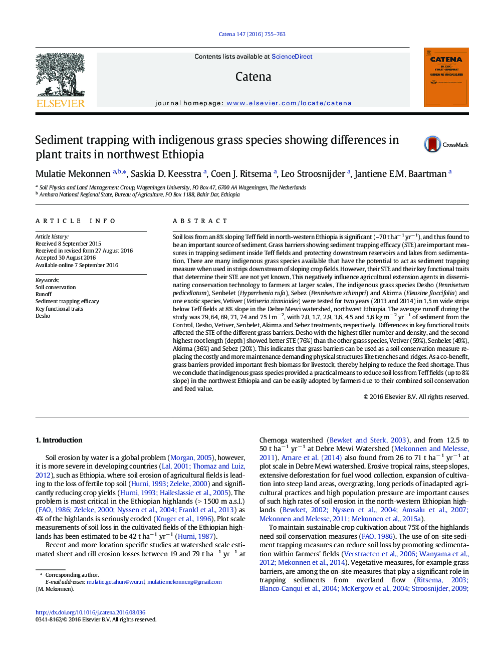 Sediment trapping with indigenous grass species showing differences in plant traits in northwest Ethiopia