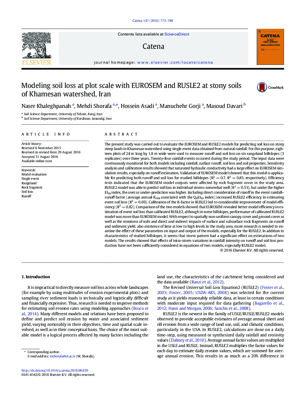 Modeling soil loss at plot scale with EUROSEM and RUSLE2 at stony soils of Khamesan watershed, Iran