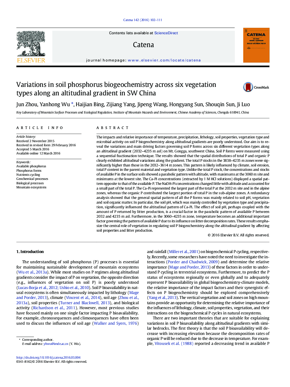 Variations in soil phosphorus biogeochemistry across six vegetation types along an altitudinal gradient in SW China