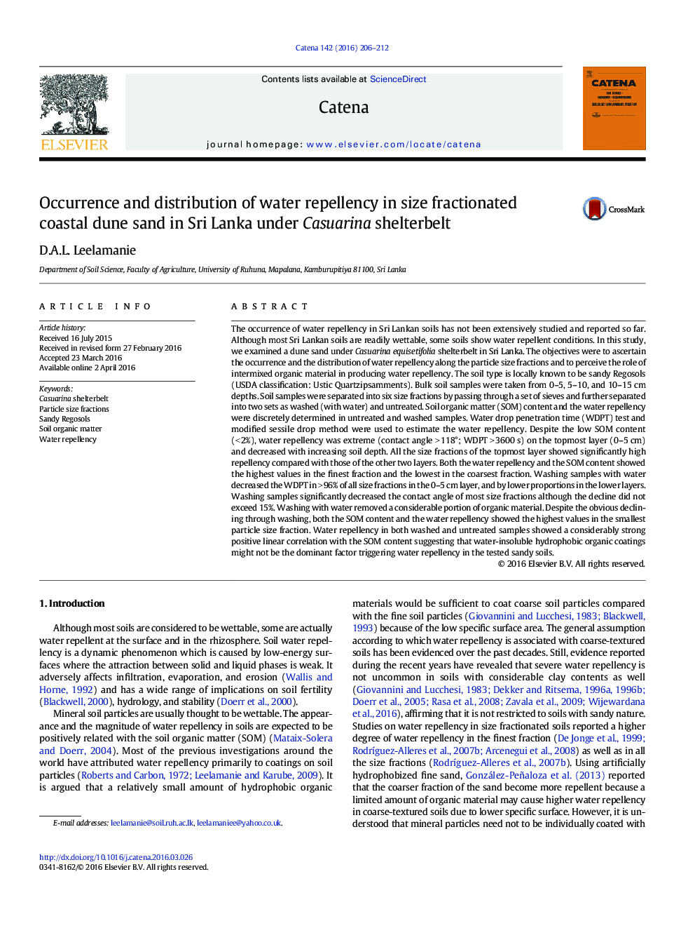 Occurrence and distribution of water repellency in size fractionated coastal dune sand in Sri Lanka under Casuarina shelterbelt