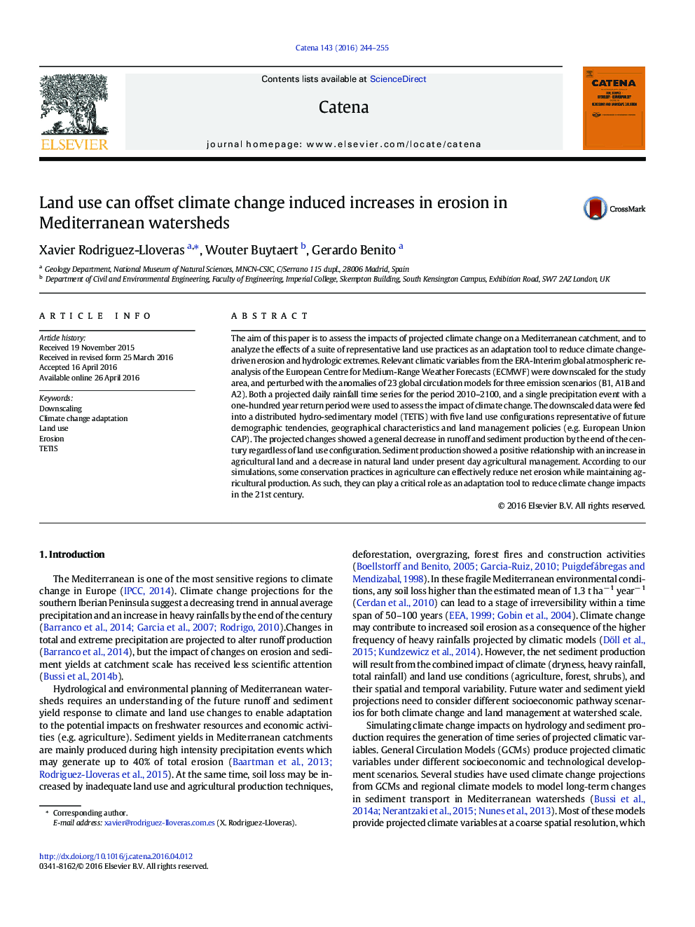 Land use can offset climate change induced increases in erosion in Mediterranean watersheds