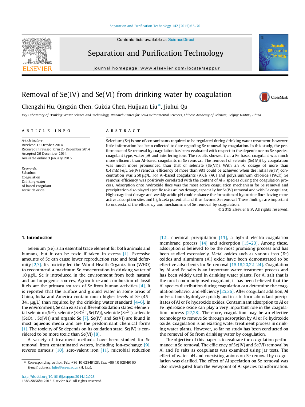 Removal of Se(IV) and Se(VI) from drinking water by coagulation