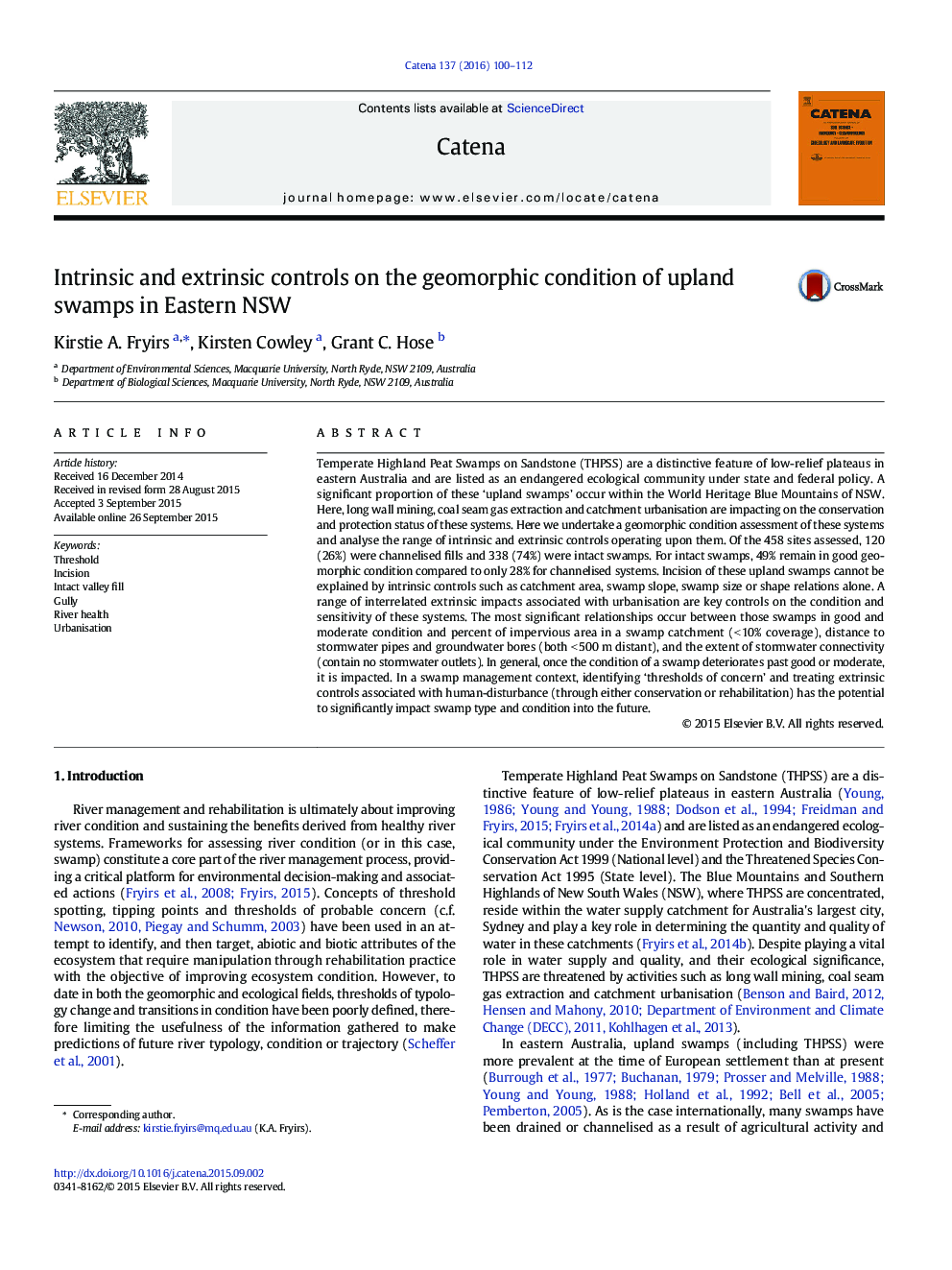Intrinsic and extrinsic controls on the geomorphic condition of upland swamps in Eastern NSW