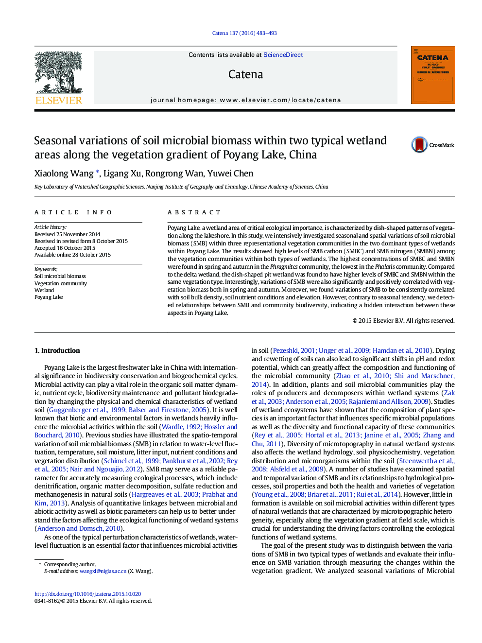 Seasonal variations of soil microbial biomass within two typical wetland areas along the vegetation gradient of Poyang Lake, China