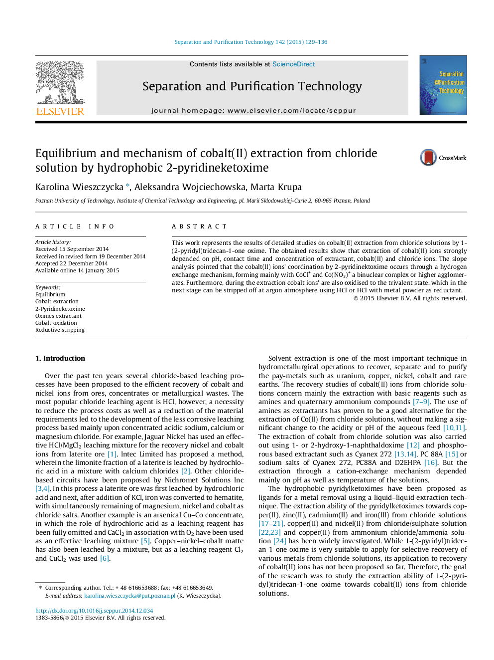 Equilibrium and mechanism of cobalt(II) extraction from chloride solution by hydrophobic 2-pyridineketoxime