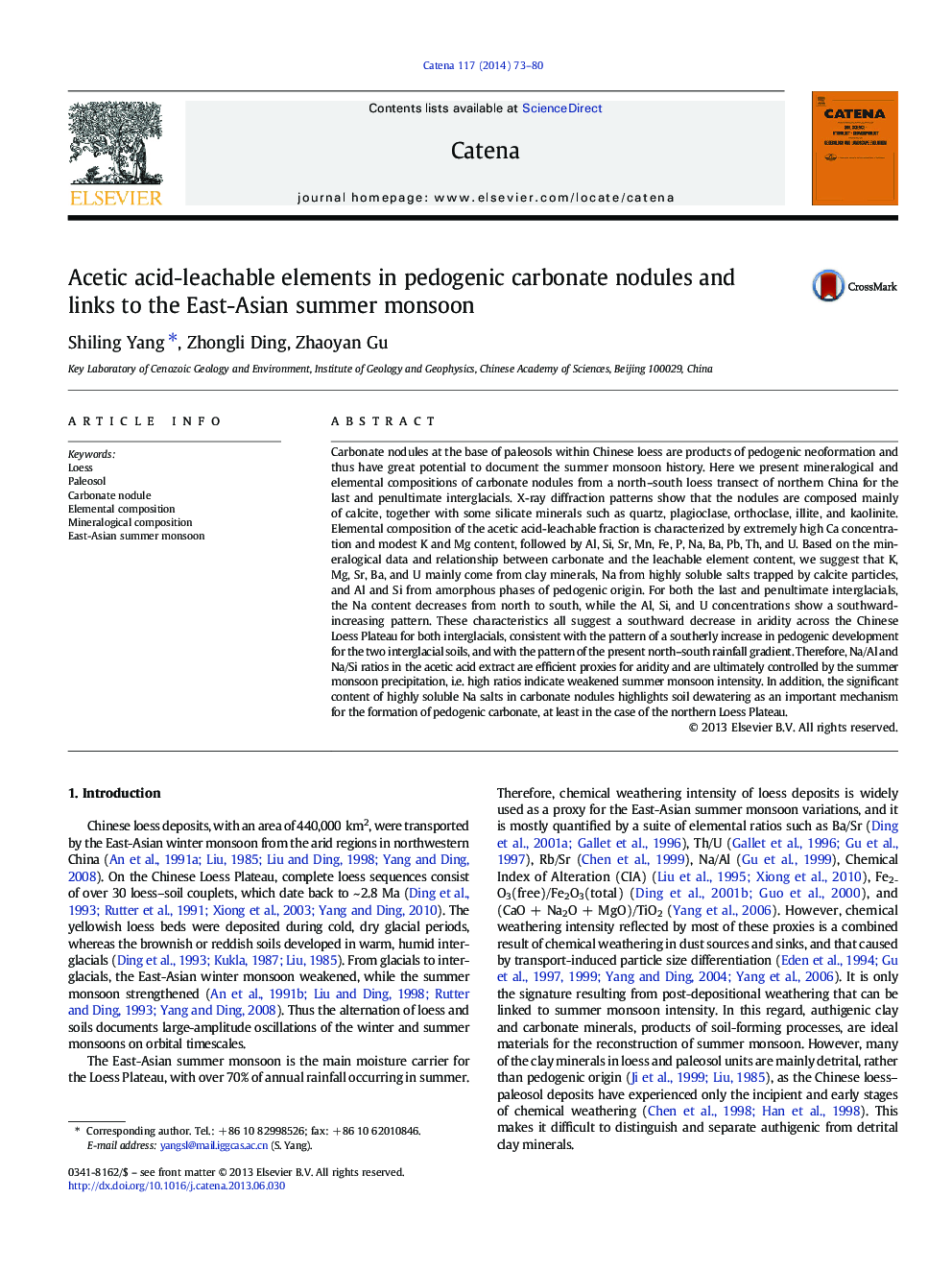 Acetic acid-leachable elements in pedogenic carbonate nodules and links to the East-Asian summer monsoon