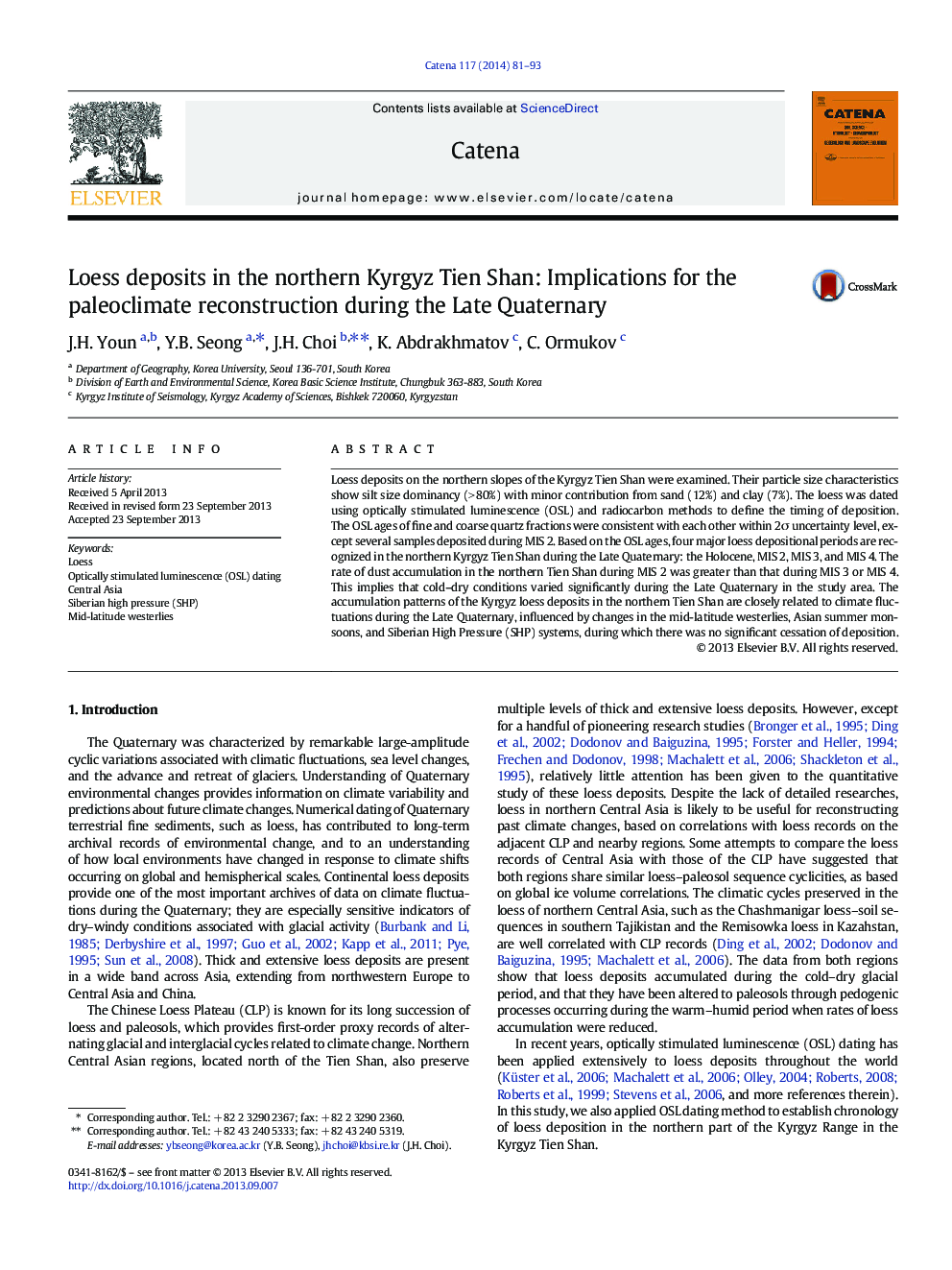 Loess deposits in the northern Kyrgyz Tien Shan: Implications for the paleoclimate reconstruction during the Late Quaternary