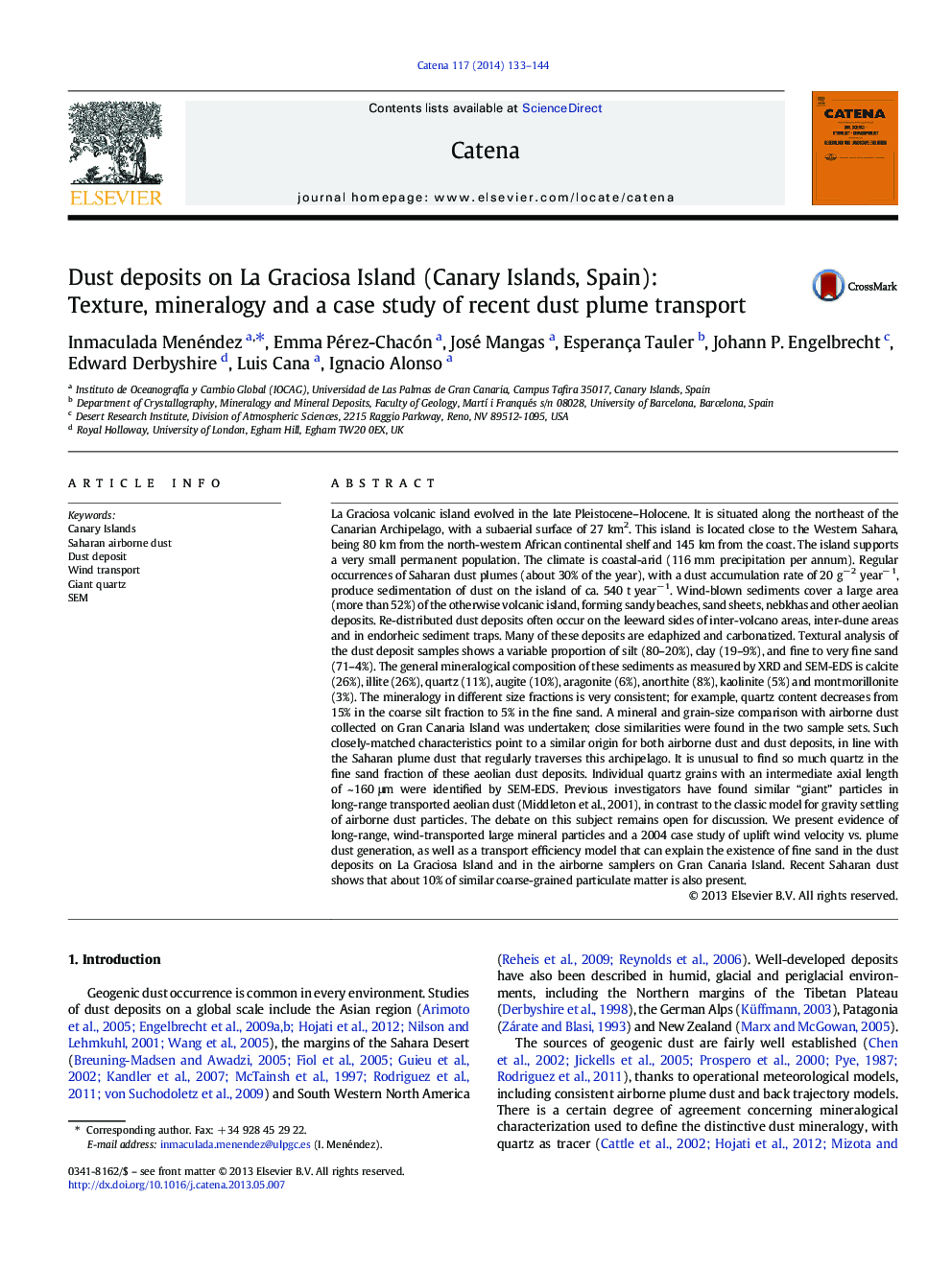 Dust deposits on La Graciosa Island (Canary Islands, Spain): Texture, mineralogy and a case study of recent dust plume transport