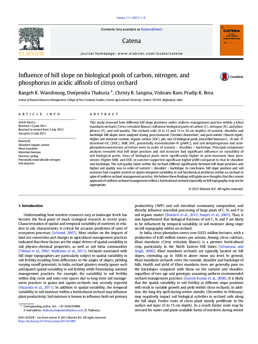 تأثیر شیب تپه روی استخرهای بیولوژیکی کربن، نیتروژن و فسفر در آلبسینهای اسیدی باغی مرکبات 