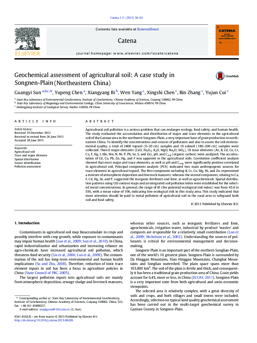 ارزیابی ژئوشیمیایی خاک های کشاورزی: ​​مطالعه موردی در سونن دشت (شمال شرقی چین) 