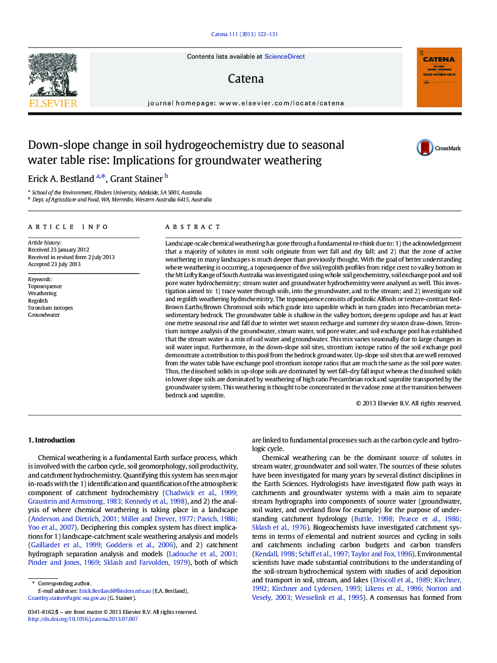 Down-slope change in soil hydrogeochemistry due to seasonal water table rise: Implications for groundwater weathering