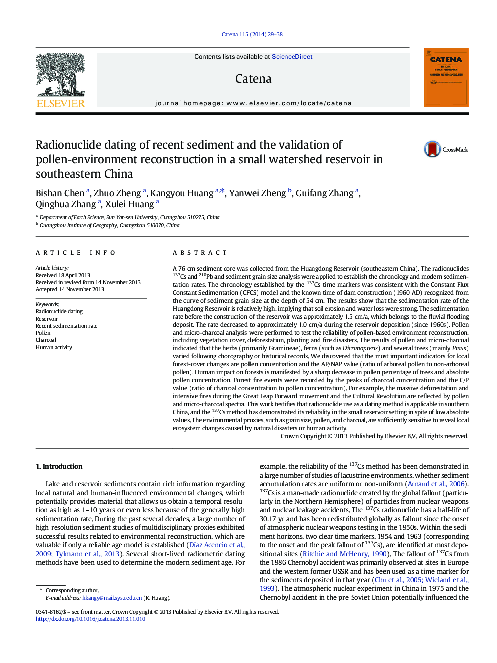 Radionuclide dating of recent sediment and the validation of pollen-environment reconstruction in a small watershed reservoir in southeastern China