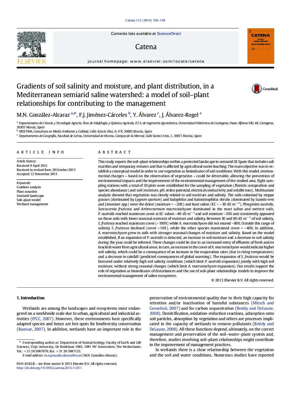 Gradients of soil salinity and moisture, and plant distribution, in a Mediterranean semiarid saline watershed: a model of soil-plant relationships for contributing to the management