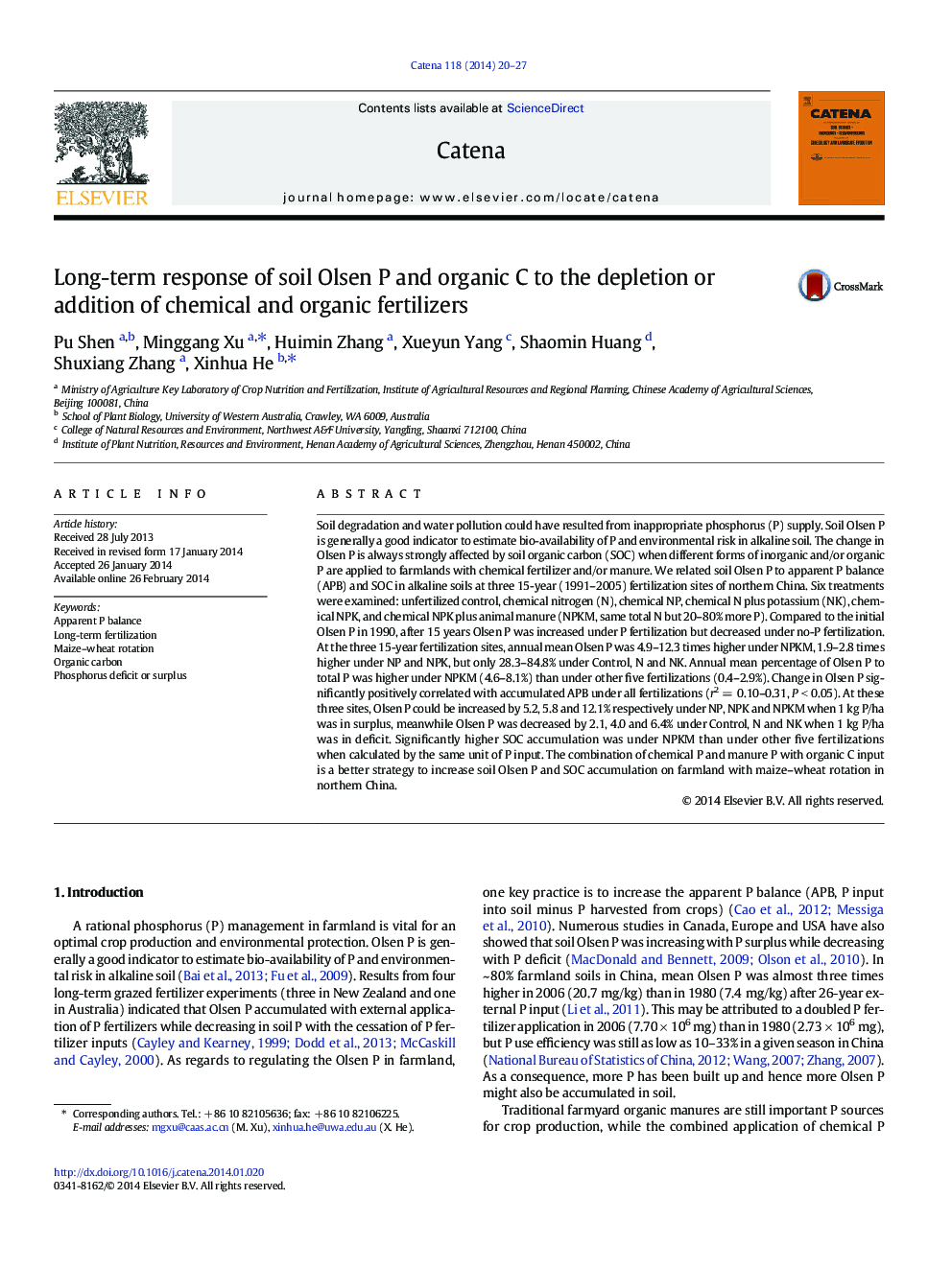 Long-term response of soil Olsen P and organic C to the depletion or addition of chemical and organic fertilizers