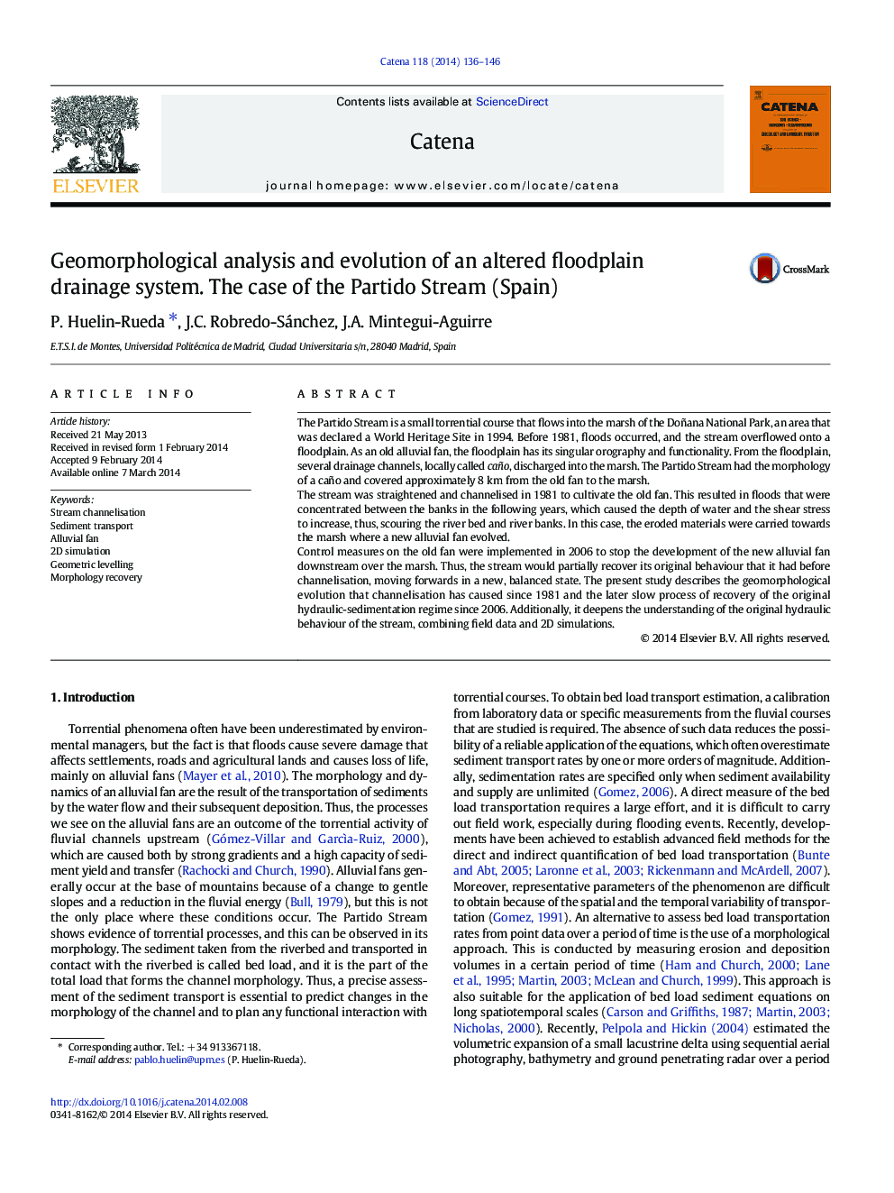 Geomorphological analysis and evolution of an altered floodplain drainage system. The case of the Partido Stream (Spain)