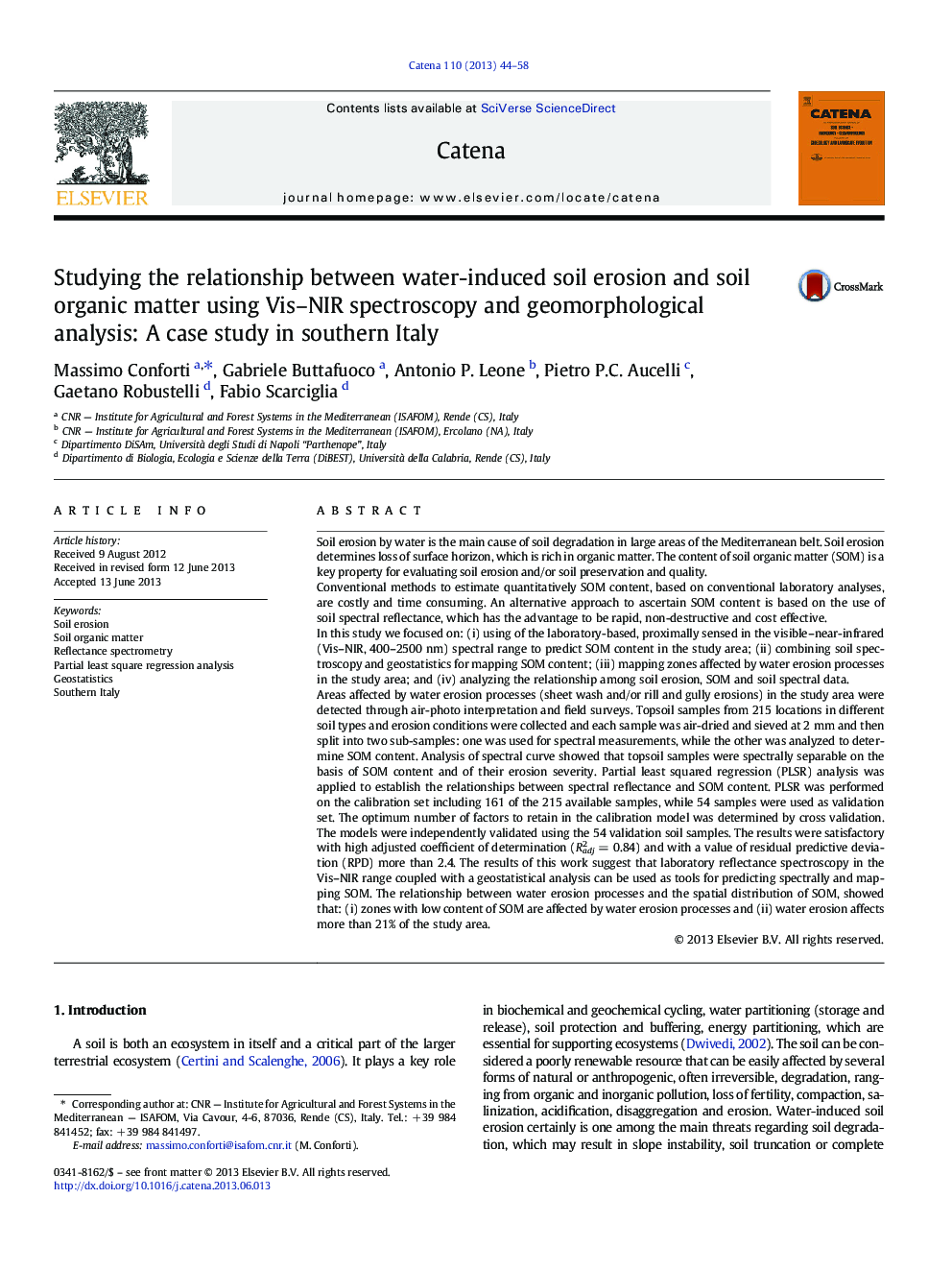 Studying the relationship between water-induced soil erosion and soil organic matter using Vis-NIR spectroscopy and geomorphological analysis: A case study in southern Italy