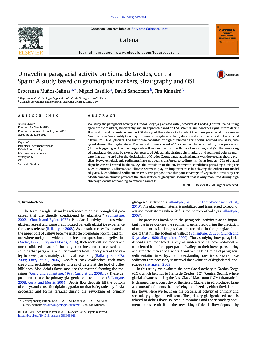 Unraveling paraglacial activity on Sierra de Gredos, Central Spain: A study based on geomorphic markers, stratigraphy and OSL