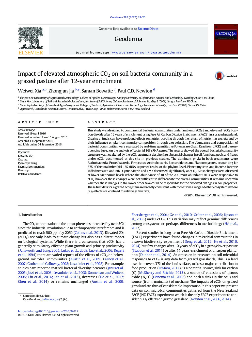 Impact of elevated atmospheric CO2 on soil bacteria community in a grazed pasture after 12-year enrichment