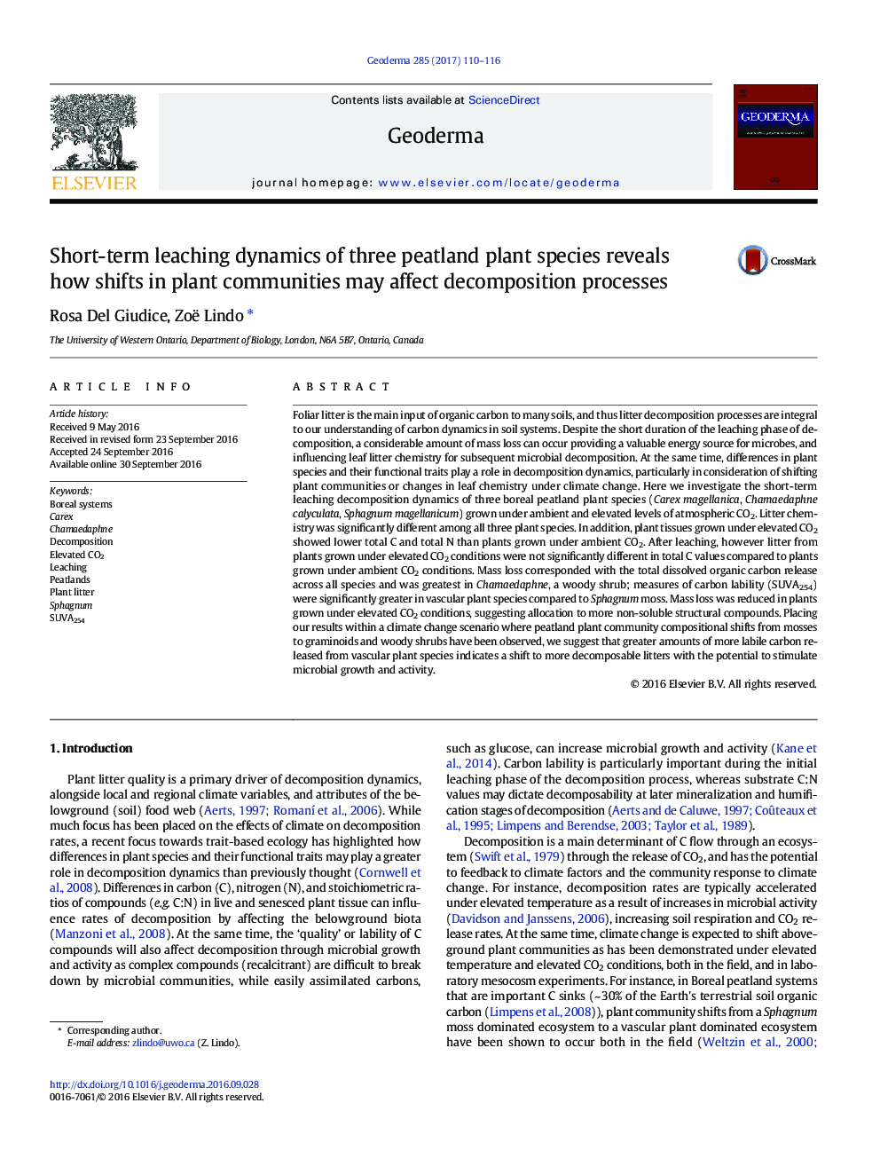 Short-term leaching dynamics of three peatland plant species reveals how shifts in plant communities may affect decomposition processes