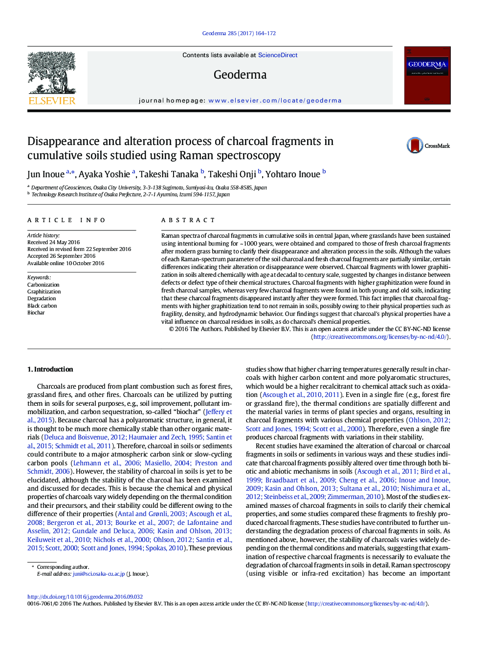 Disappearance and alteration process of charcoal fragments in cumulative soils studied using Raman spectroscopy