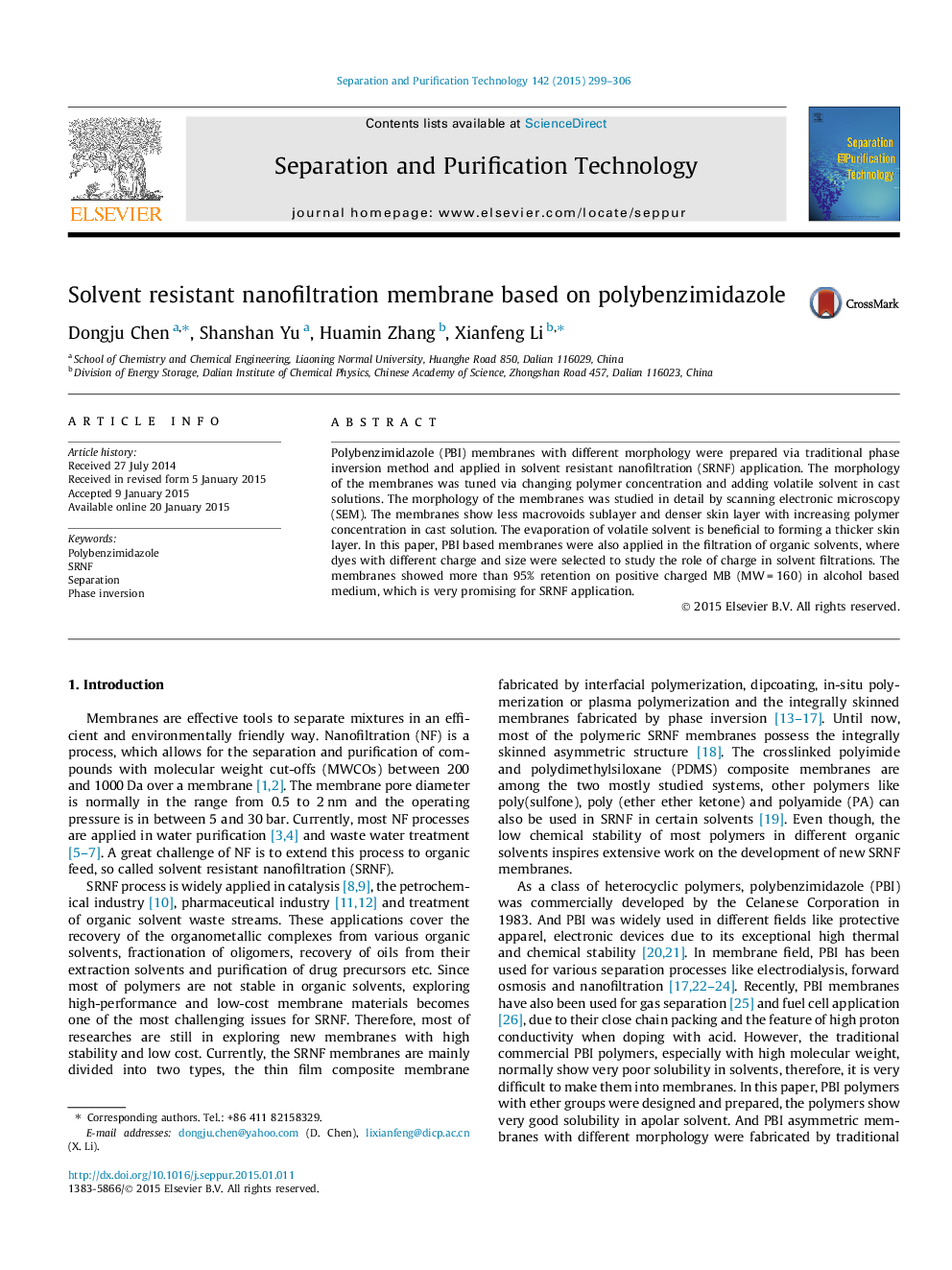 Solvent resistant nanofiltration membrane based on polybenzimidazole