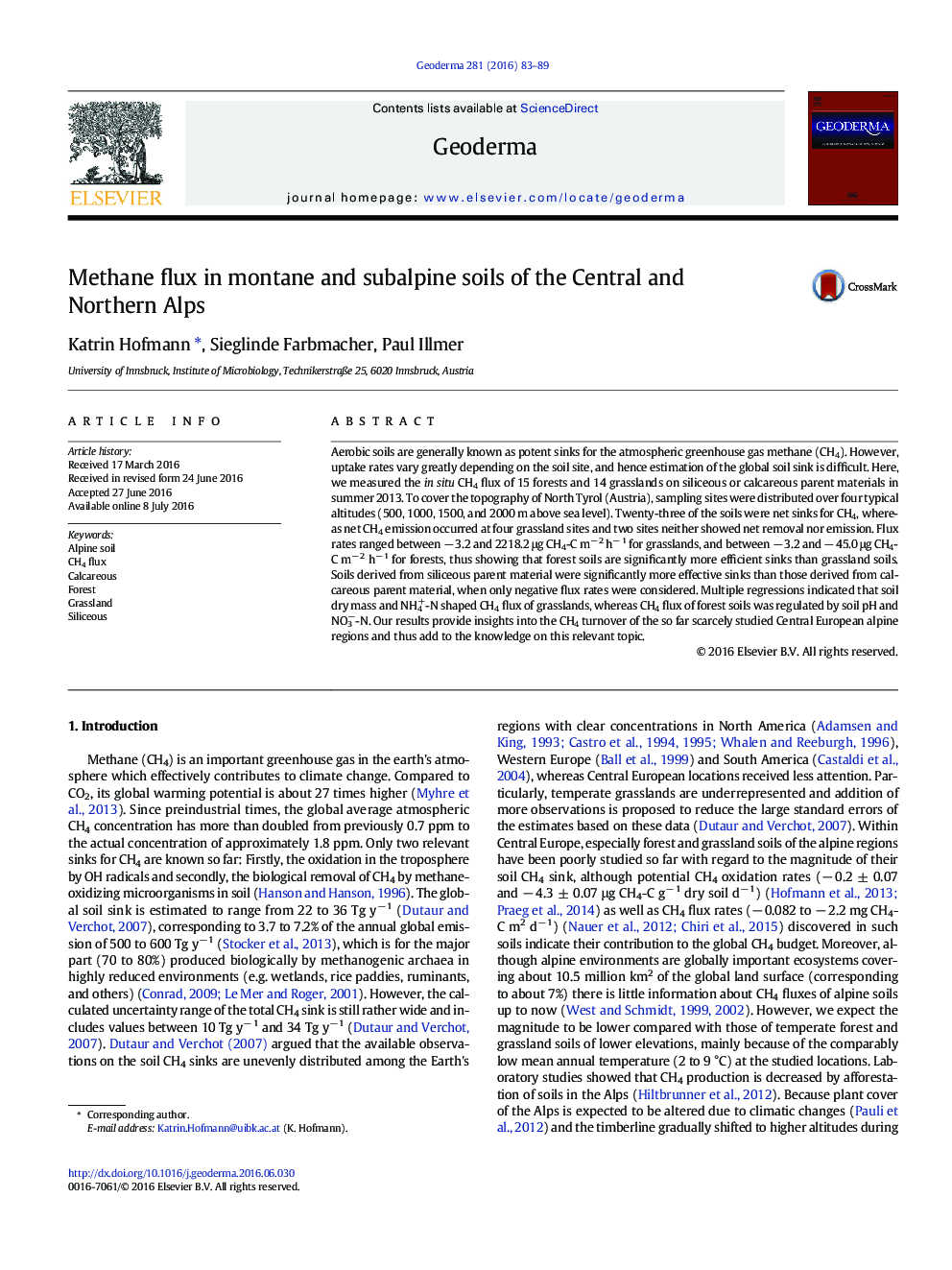 Methane flux in montane and subalpine soils of the Central and Northern Alps