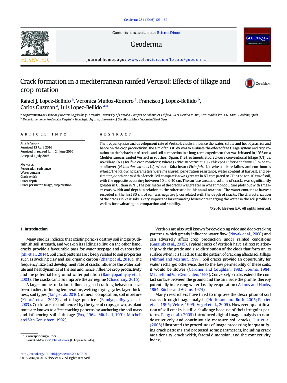 Crack formation in a mediterranean rainfed Vertisol: Effects of tillage and crop rotation