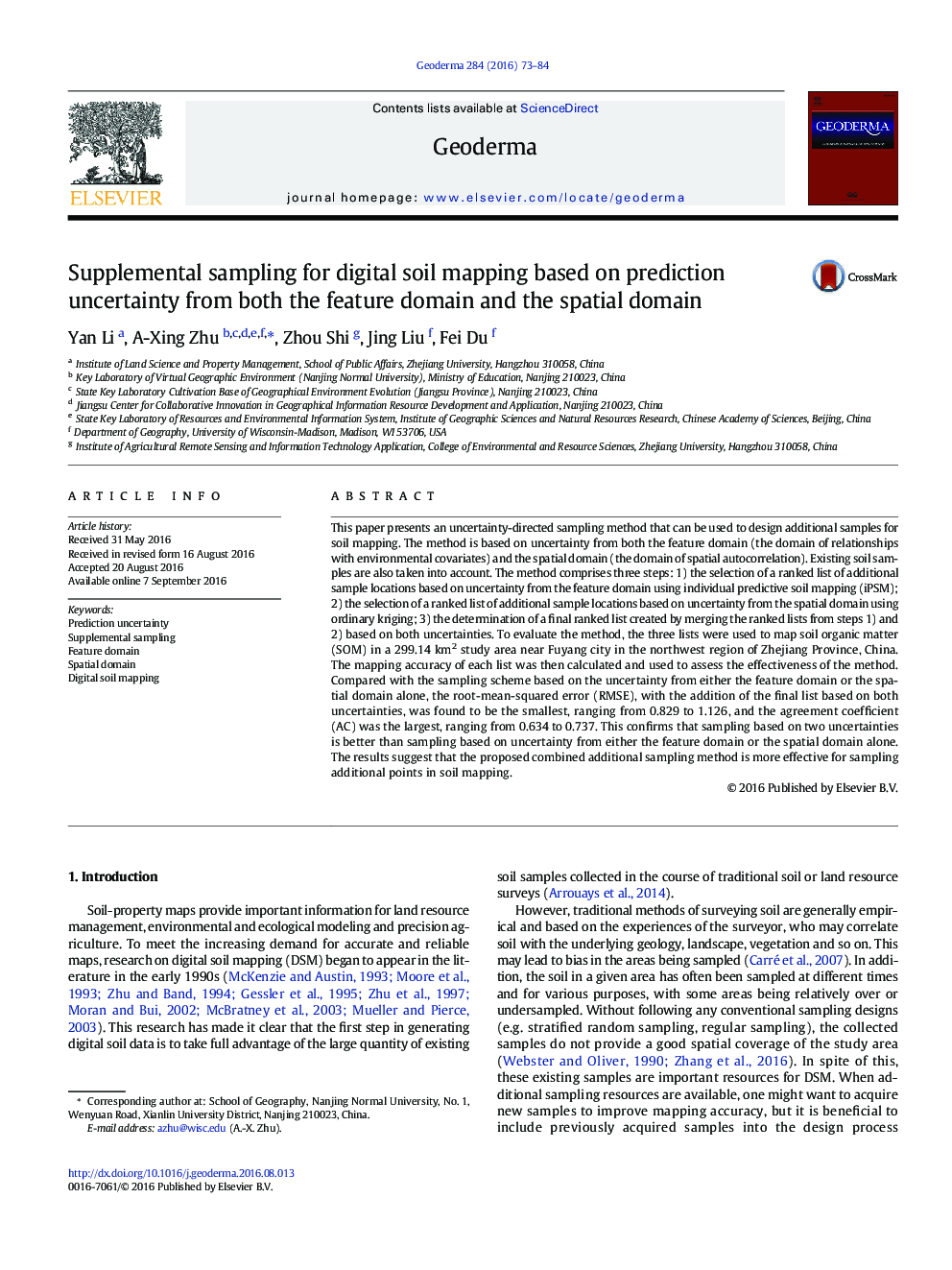 Supplemental sampling for digital soil mapping based on prediction uncertainty from both the feature domain and the spatial domain