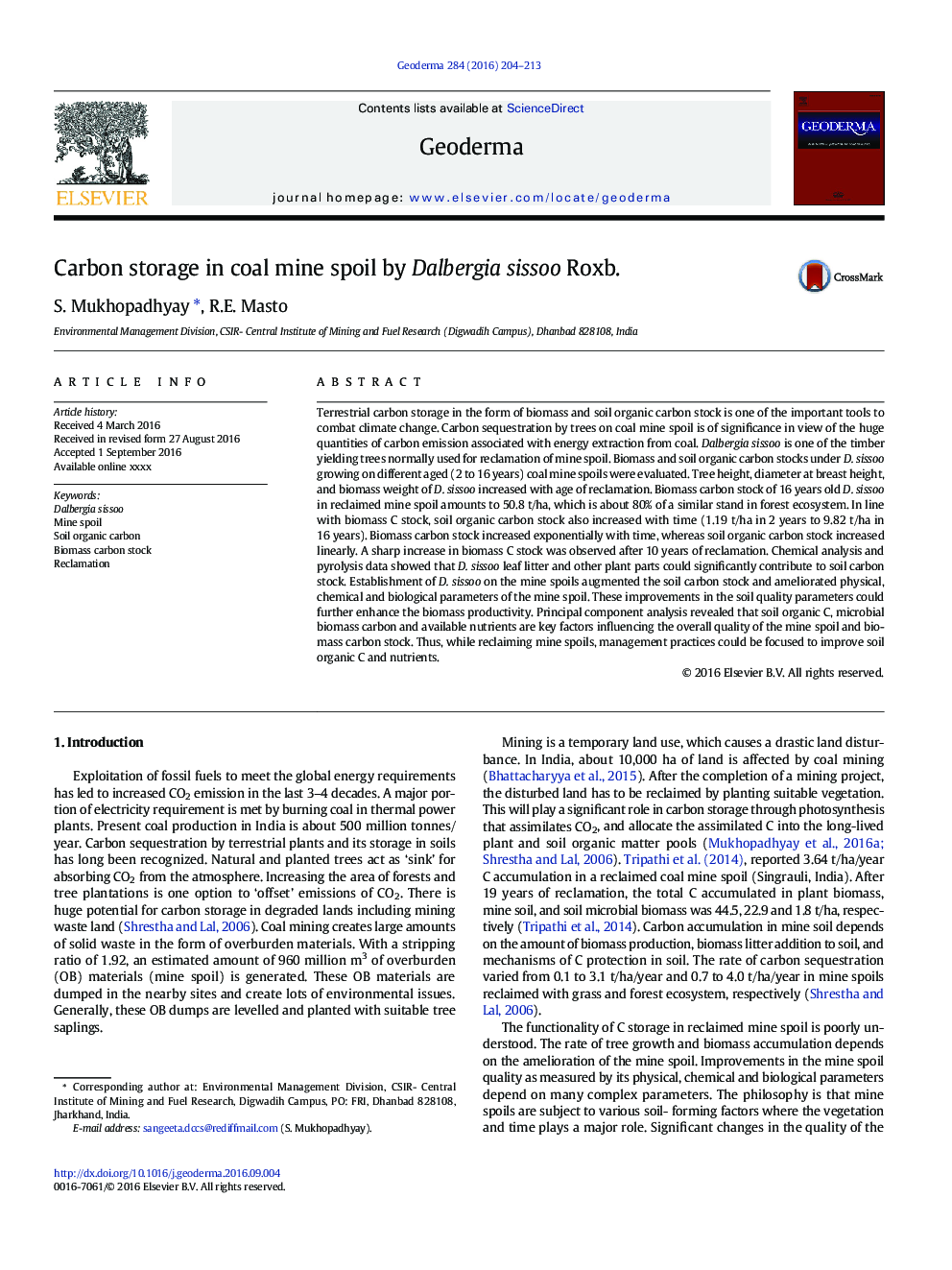 Carbon storage in coal mine spoil by Dalbergia sissoo Roxb.