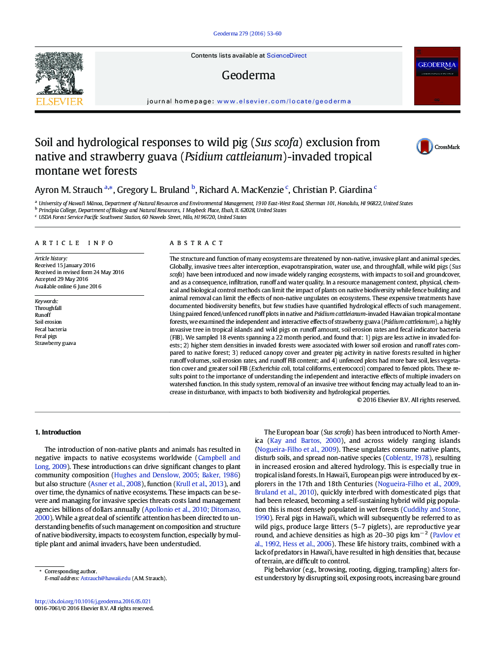 Soil and hydrological responses to wild pig (Sus scofa) exclusion from native and strawberry guava (Psidium cattleianum)-invaded tropical montane wet forests