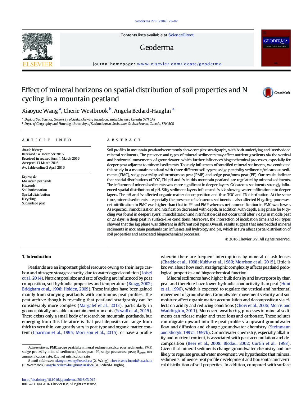 عکس صفحه اول مقاله: Effect of mineral horizons on spatial distribution of soil properties and N cycling in a mountain peatland Effect of mineral horizons on spatial distribution of soil properties and N cycling in a mountain peatland